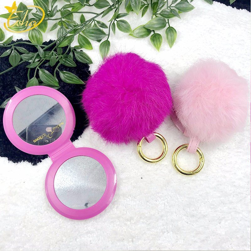 Pocket kosmetisk spejl med pels med nøglering